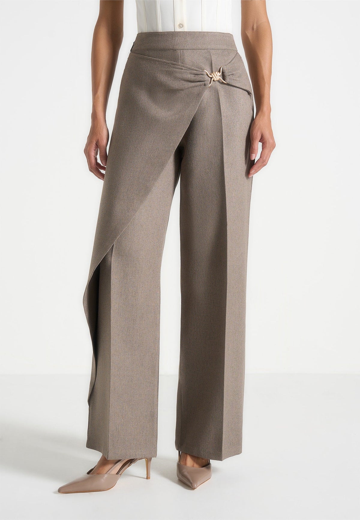 Beryl - Wrap Tailored Pants With Hardware Detail - Taupe