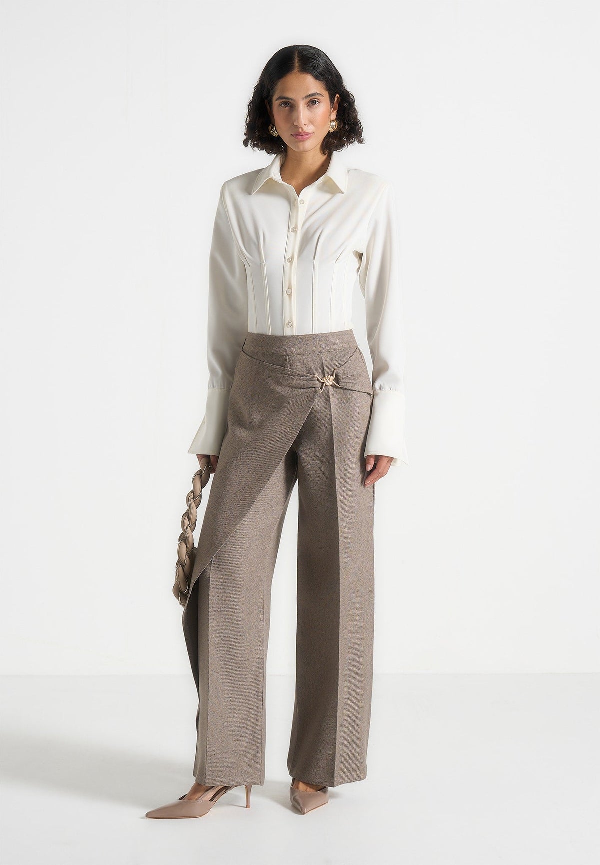Beryl - Wrap Tailored Pants With Hardware Detail - Taupe