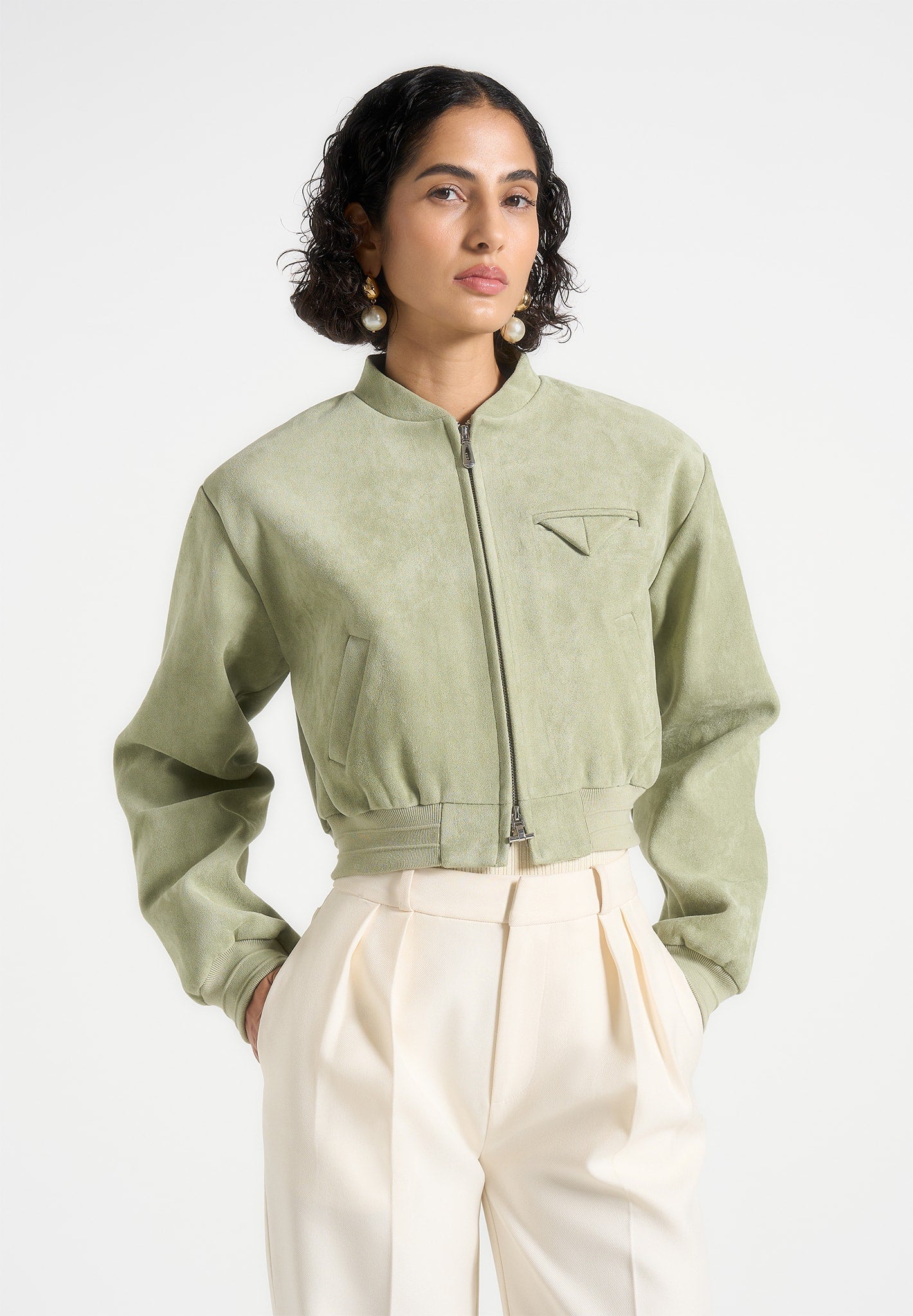 Monique - Suede Wide Shoulder Bomber Jacket - Sage 