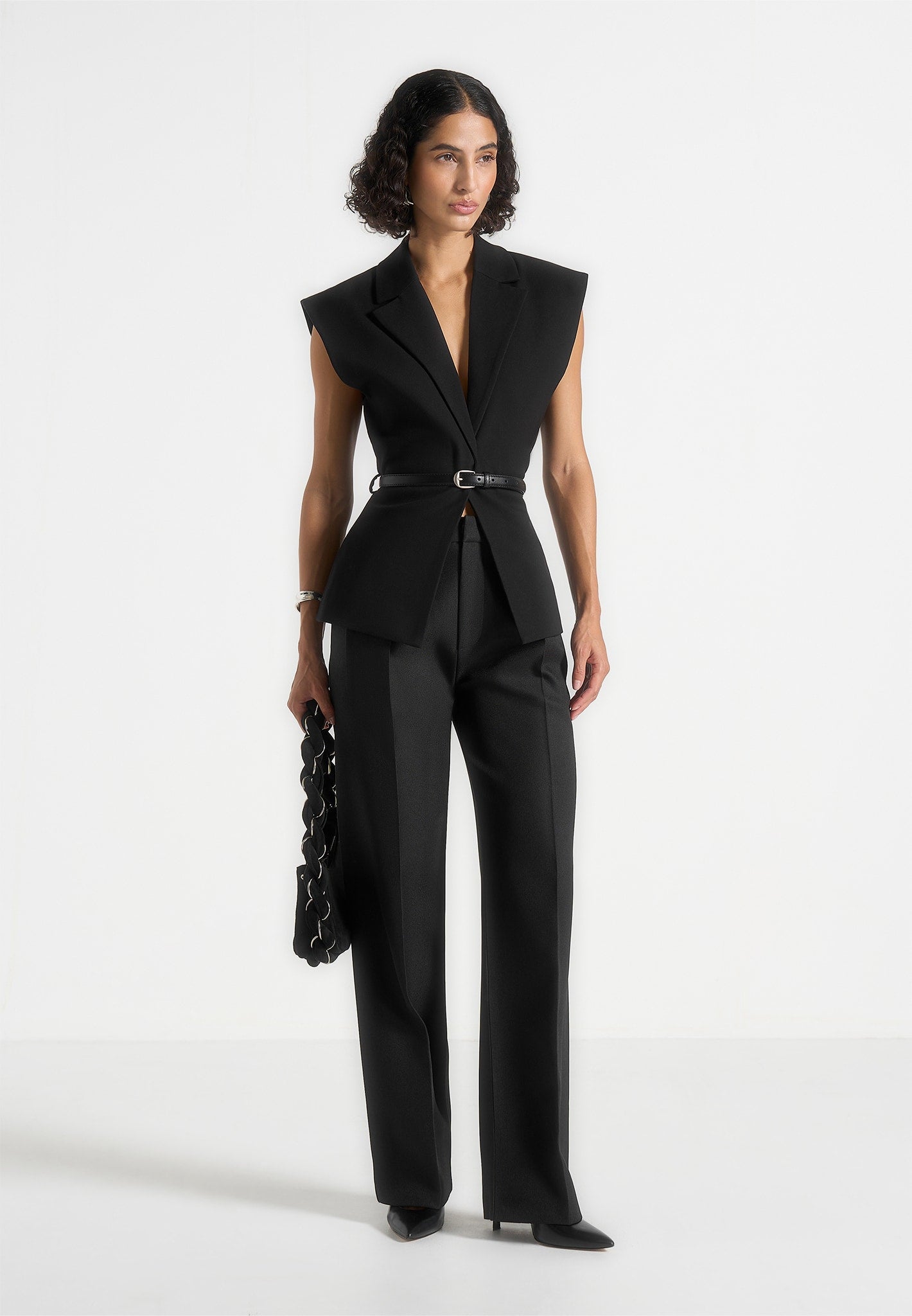 Linda - Tailored Wide Shoulder Cinched Waistcoat - Black 