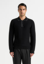 Aymeric - Whipstitch Detail Long Sleeve Knit Polo Shirt - Black
