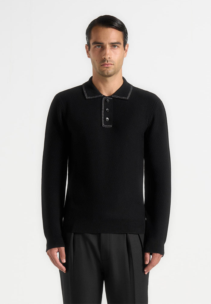Aymeric - Whipstitch Detail Long Sleeve Knit Polo Shirt - Black