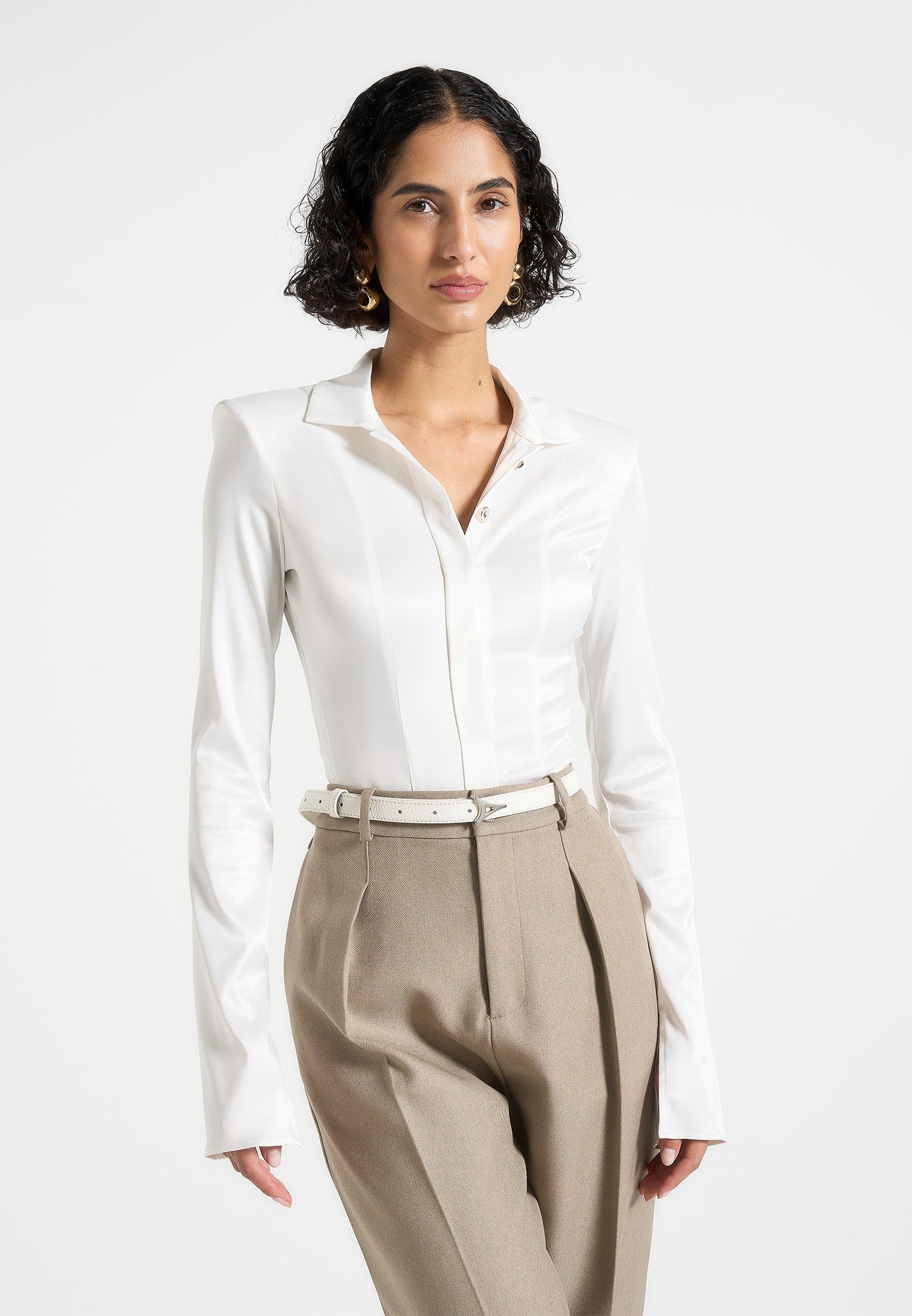 Louise - Wide Shoulder Satin Shirt Bodysuit - Off White 