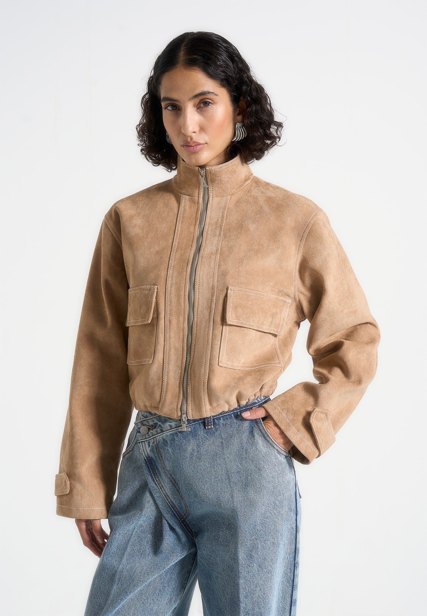 Nawel - Suede Contrast Stitch Jacket With Cinched Hem - Beige 