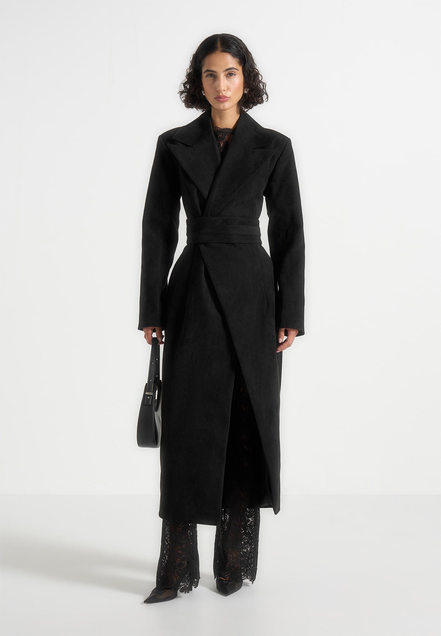 Esma - Suede Asymmetric Coat with Cinch Belt - Black 