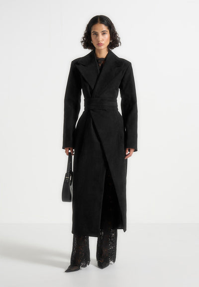 Esma - Suede Asymmetric Coat with Cinch Belt - Black