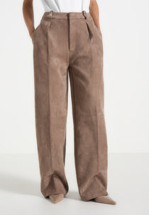 Solène - Suede Wide Leg Pleated Trousers - Taupe