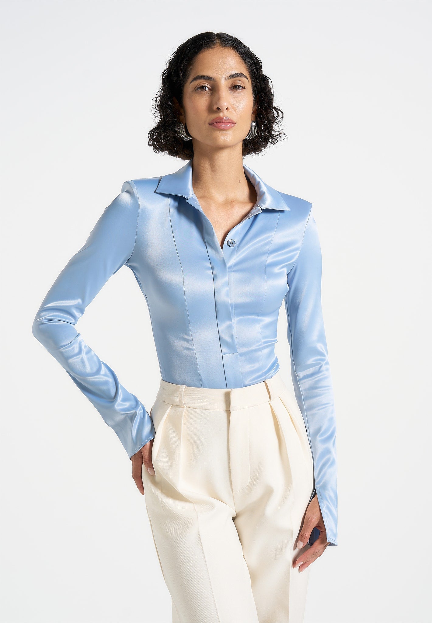Louise - Wide Shoulder Satin Shirt Bodysuit - Pale Blue 