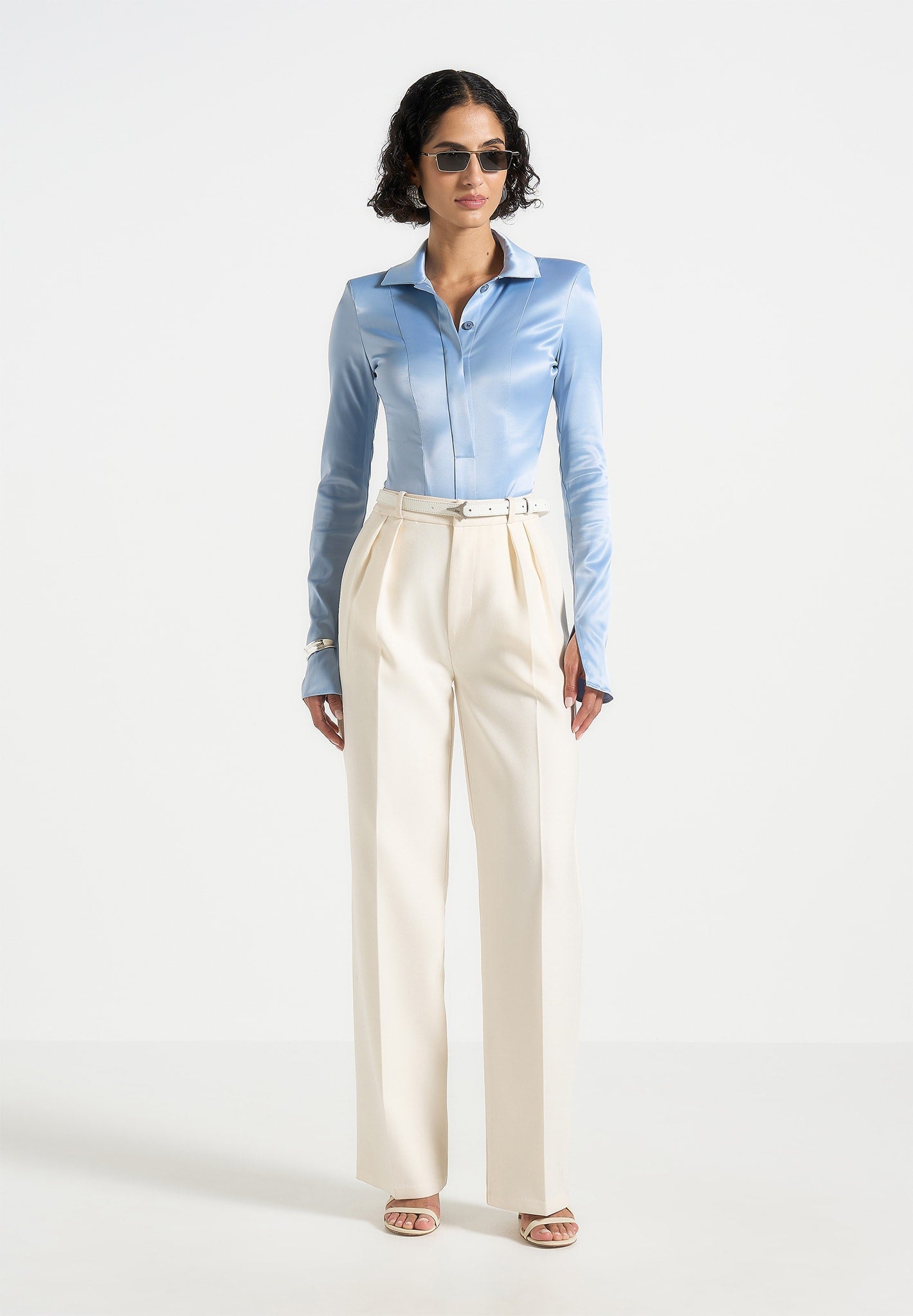Louise - Wide Shoulder Satin Shirt Bodysuit - Pale Blue 