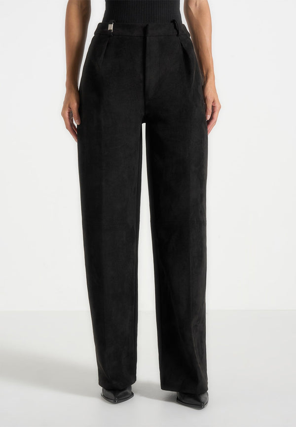 Solène - Suede Wide Leg Pleated Trousers - Black