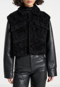 Plush Jacket With Leather Sleeves - Black