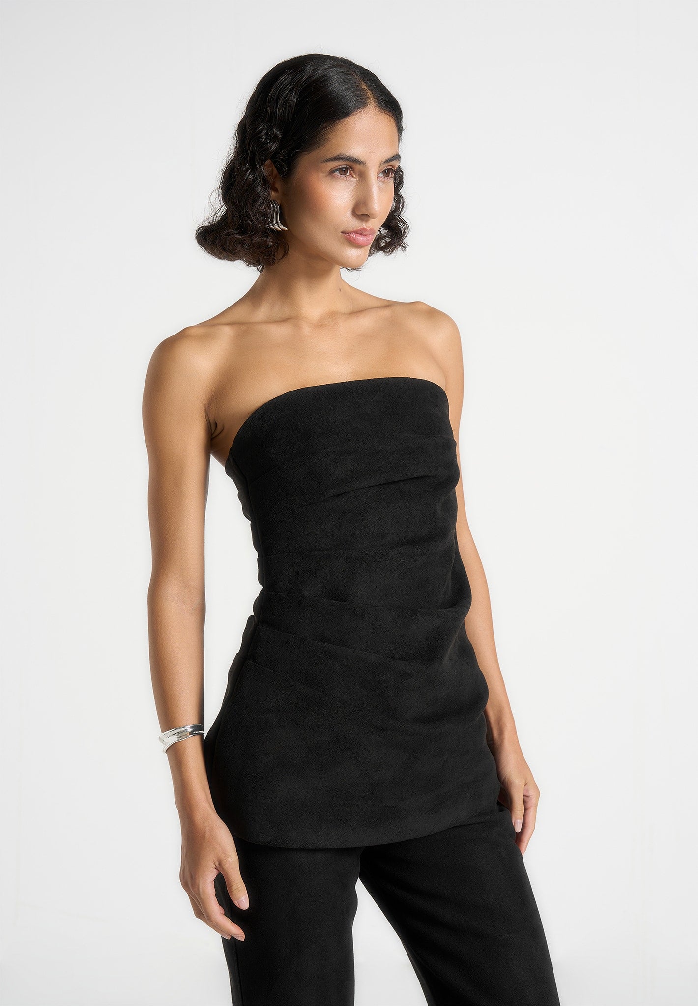 Laurena - Suede Tacked Longline bandeau Top - Black 