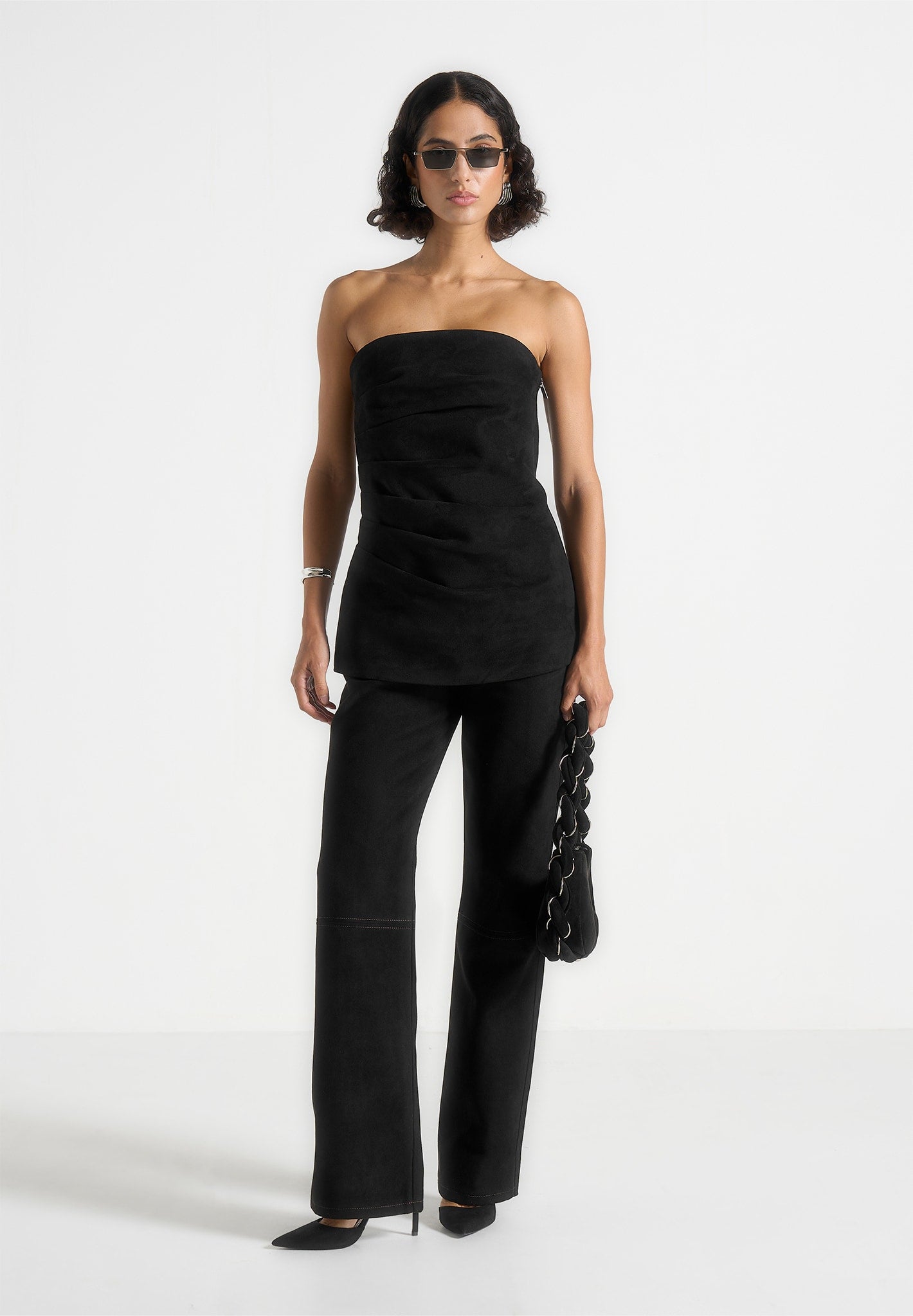 Laurena - Suede Tacked Longline bandeau Top - Black 