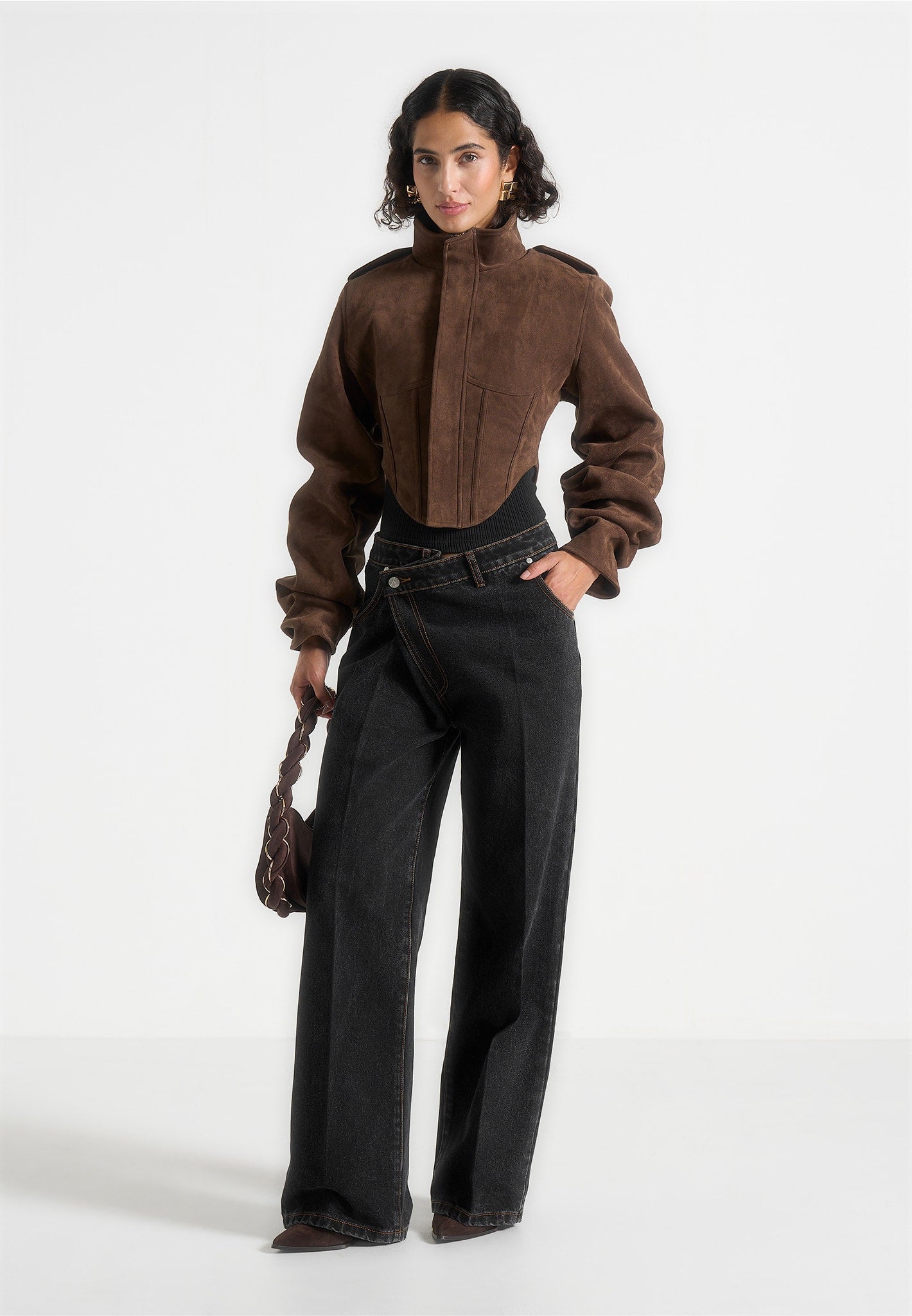 Solange - Suede Tacked Sleeve Corset Jacket - Brown 