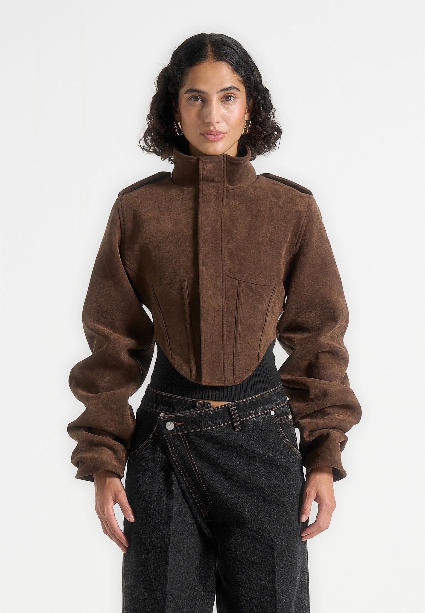 Solange - Suede Tacked Sleeve Corset Jacket - Brown 