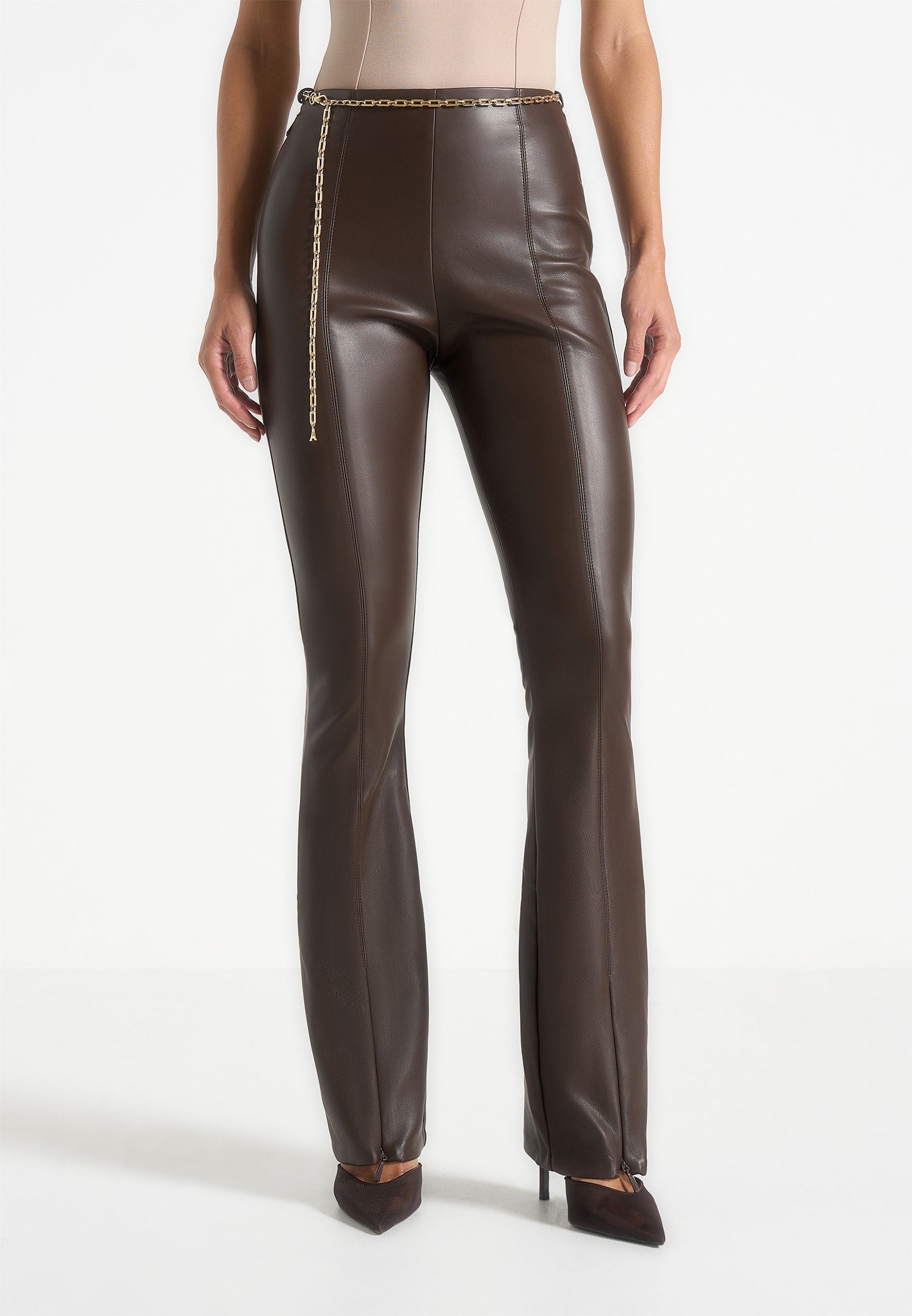 Ninon - Leather Fit And Flare Leggings With Chain - Brown 