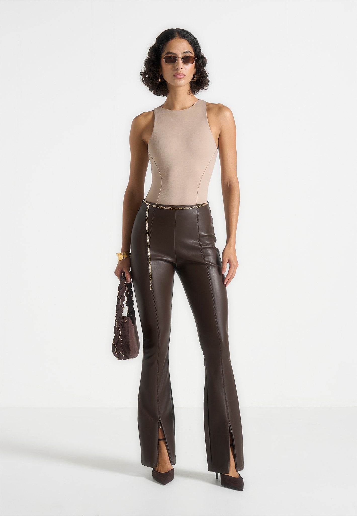 Ninon - Leather Fit And Flare Leggings With Chain - Brown 