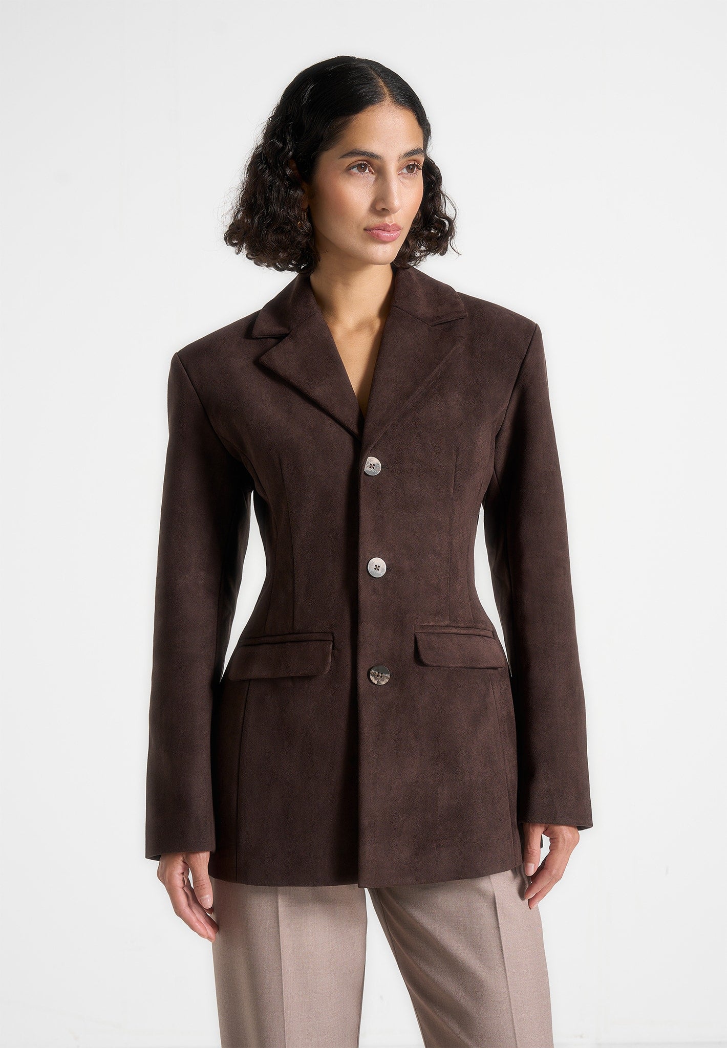 Claire - Suede Wide Shoulder Cinch Waist Blazer - Brown 