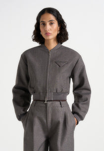 Monique - Tailored Wide Shoulder Bomber Jacket - Grey Speckle