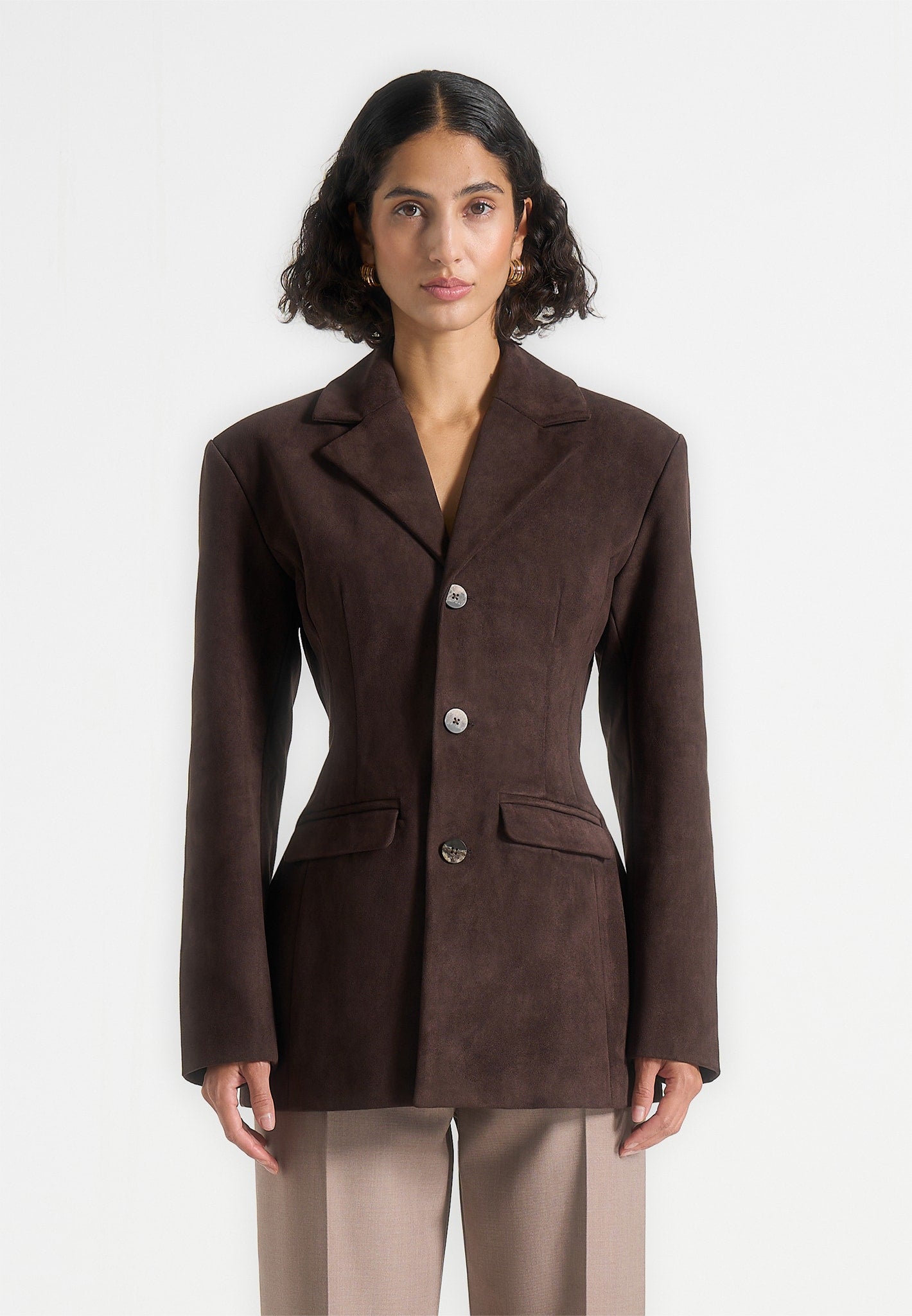 Claire - Suede Wide Shoulder Cinch Waist Blazer - Brown