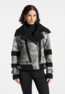 Odette - Marbled Leather Borg Biker Jacket - Black