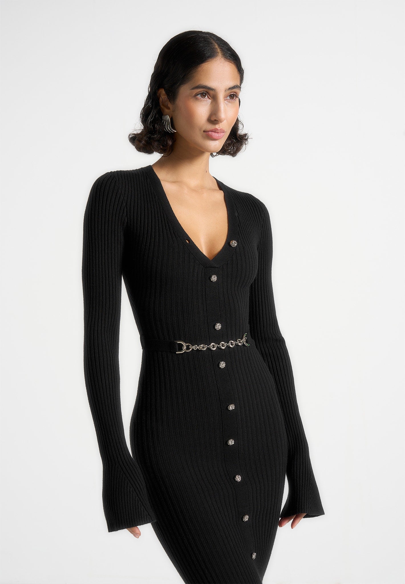 Assia - Long Sleeve Knitted Midaxi Dress With Belt - Black 