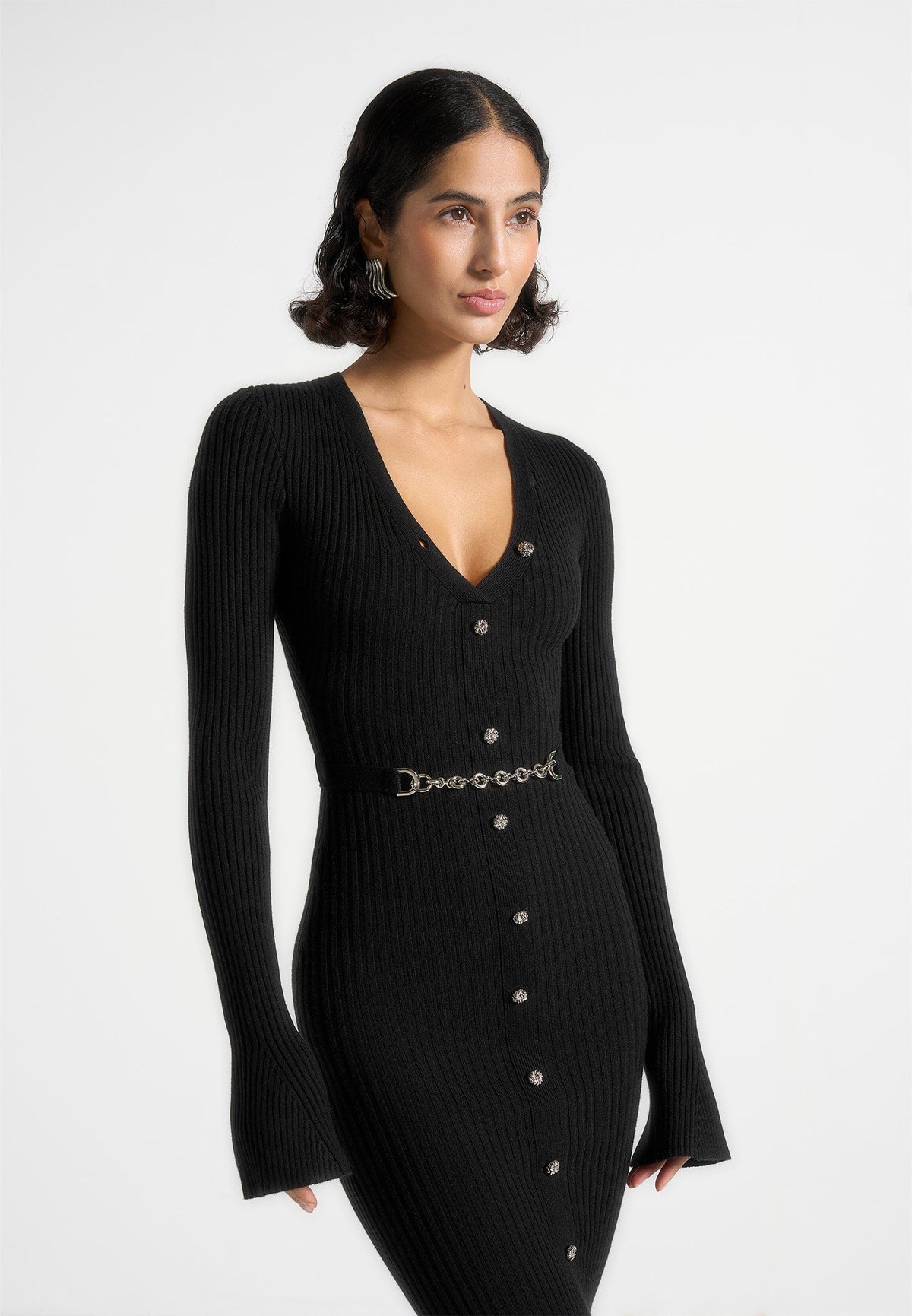 Assia - Long Sleeve Knitted Maxi Dress With Belt - Black