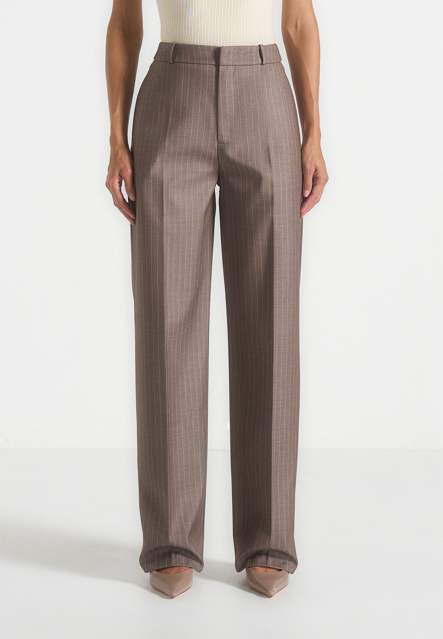 Elsy - Pinstripe Tailored Trousers - Beige 