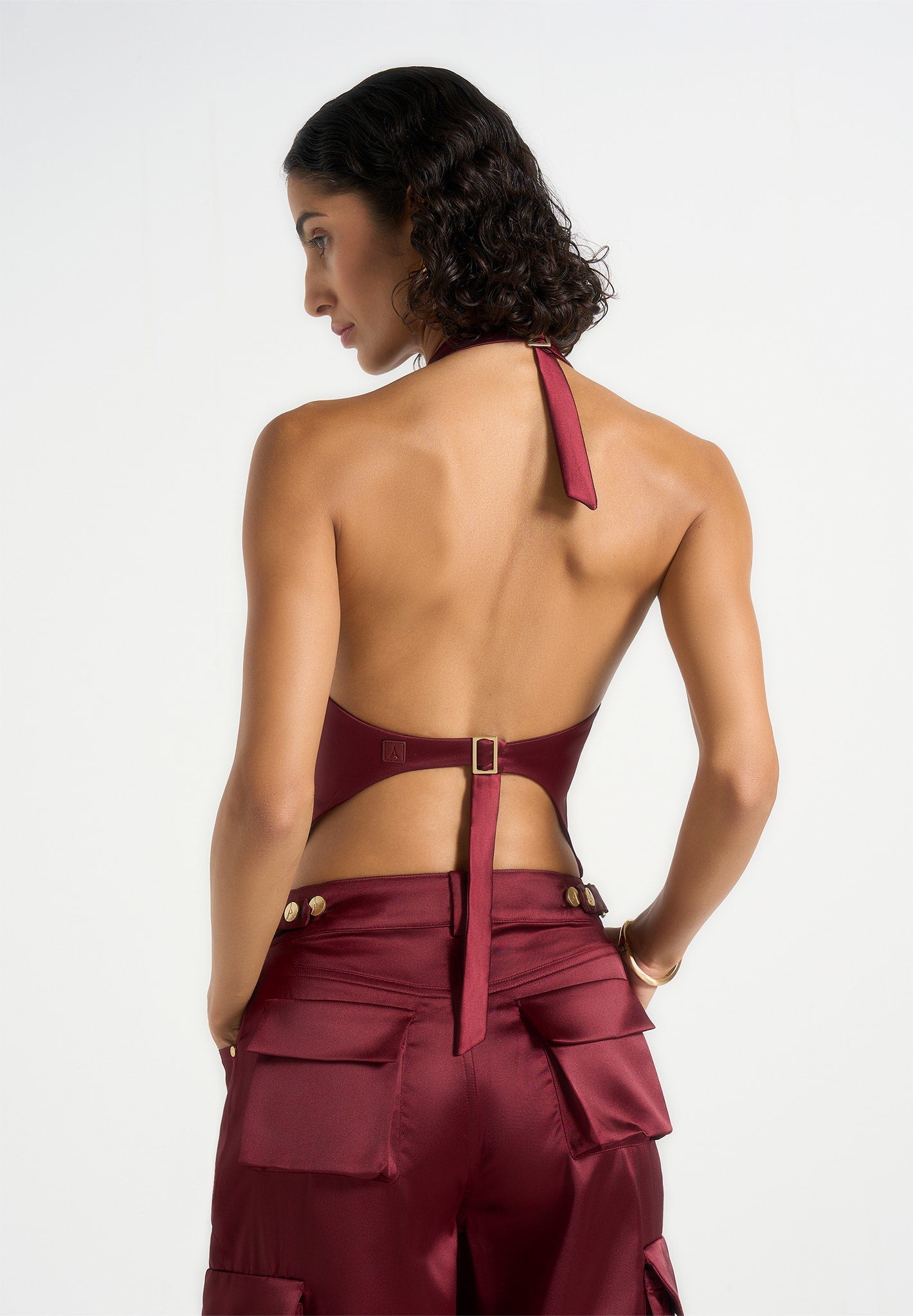 Claudette - Satin Halterneck Backless Top - Wine Red