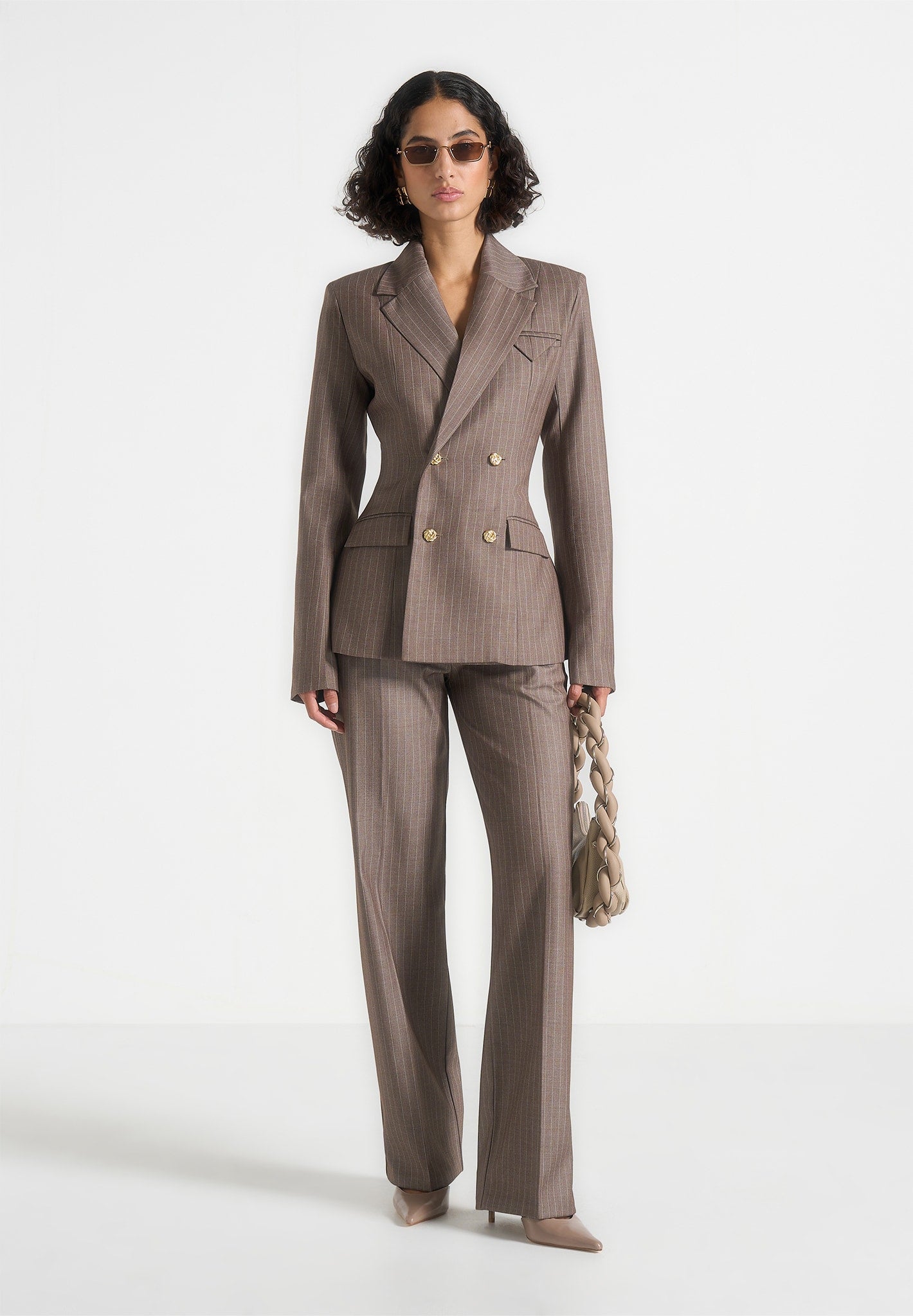 Maia - Pinstripe Double Breasted Blazer - Beige 