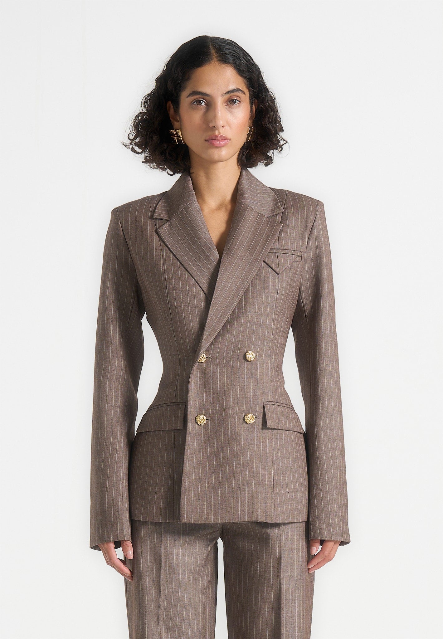 Maia - Pinstripe Double Breasted Blazer - Beige 