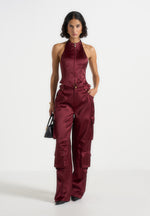 Emilie - Satin High Waisted Cargo Pants - Wine Red