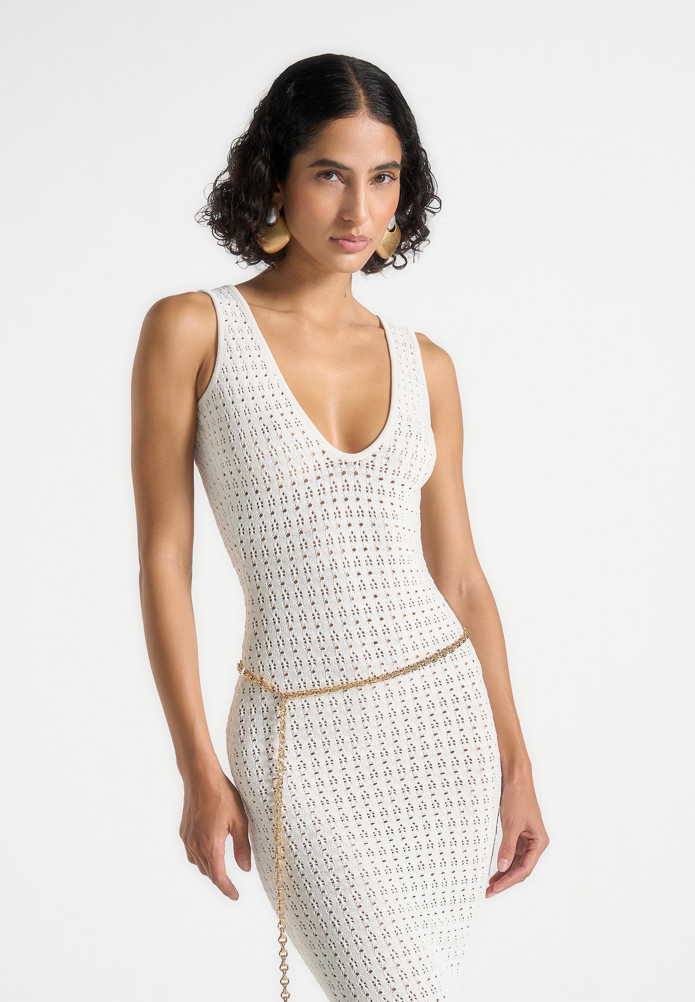 Myriam - Pointelle Plunge Midaxi Dress With Chain - Cream 