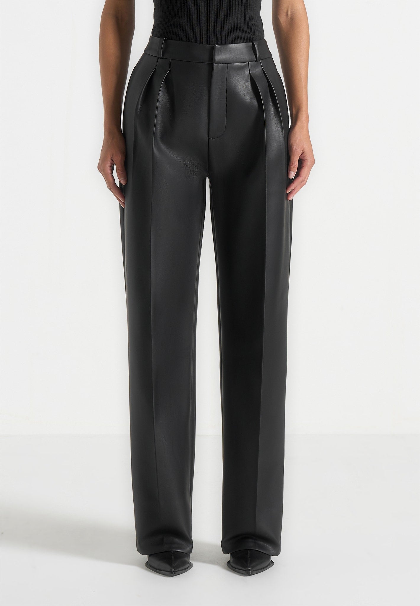 Julie - Leather Twin Pleat Trousers - Black 