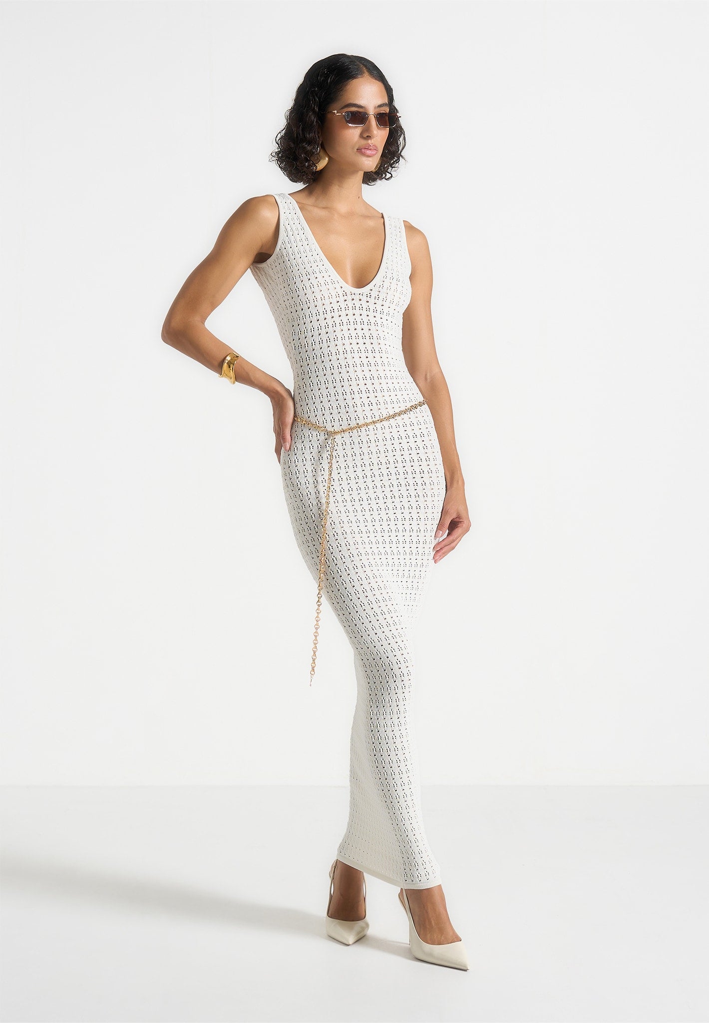 Myriam - Pointelle Plunge Midaxi Dress With Chain - Cream 