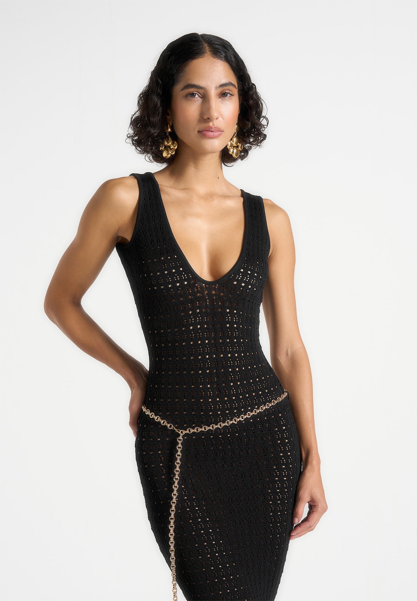 Myriam - Pointelle Plunge Midaxi Dress With Chain - Black 