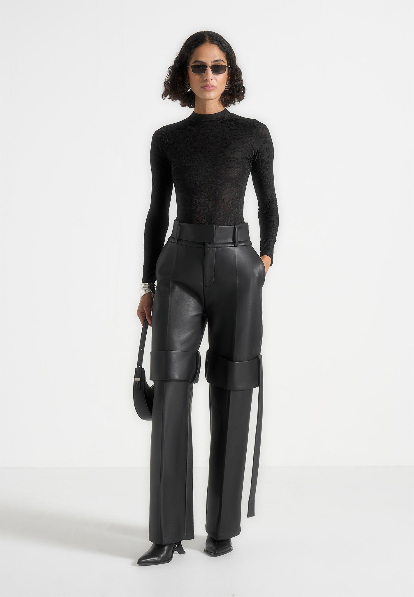 Isabelle - Leather Belted Strap Detail Trousers - Black 