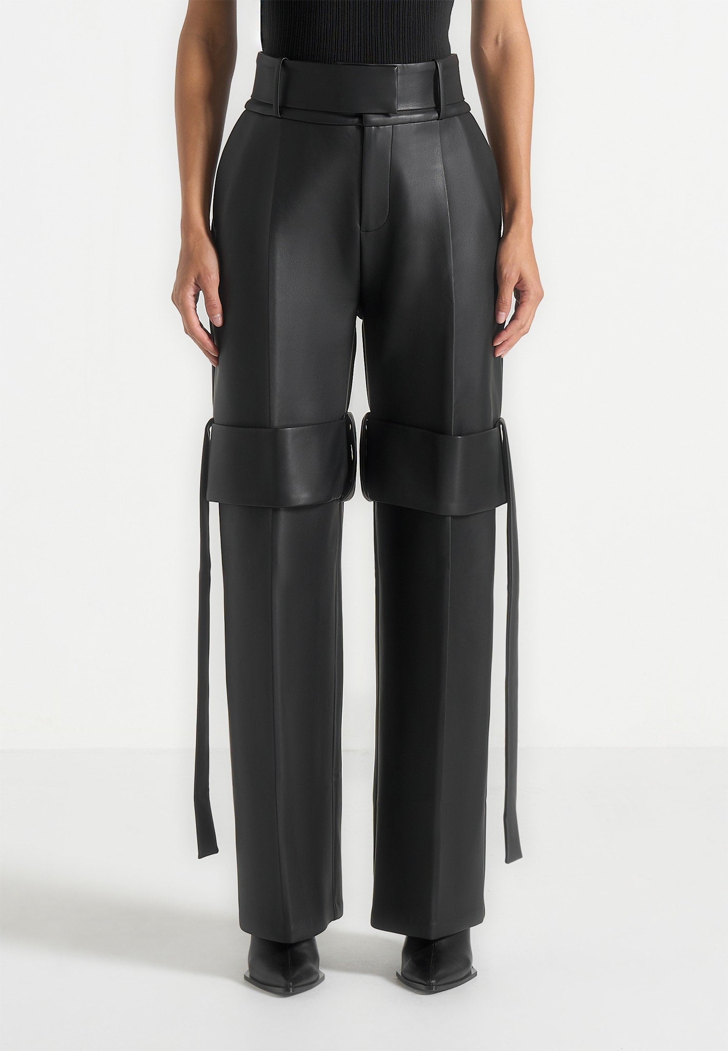 Isabelle - Leather Belted Strap Detail Trousers - Black 