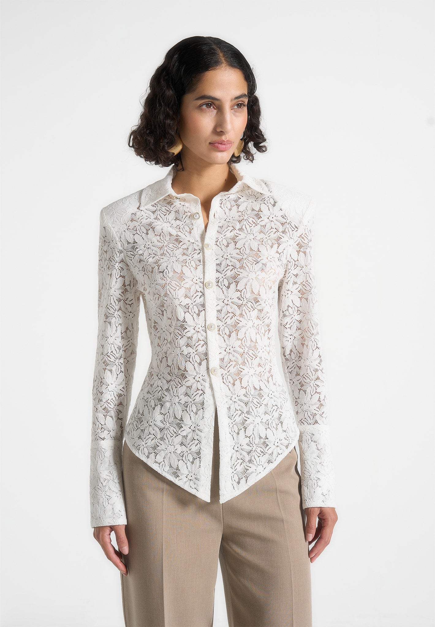 Sila -  Wide Shoulder Lace Angled Shirt - White 