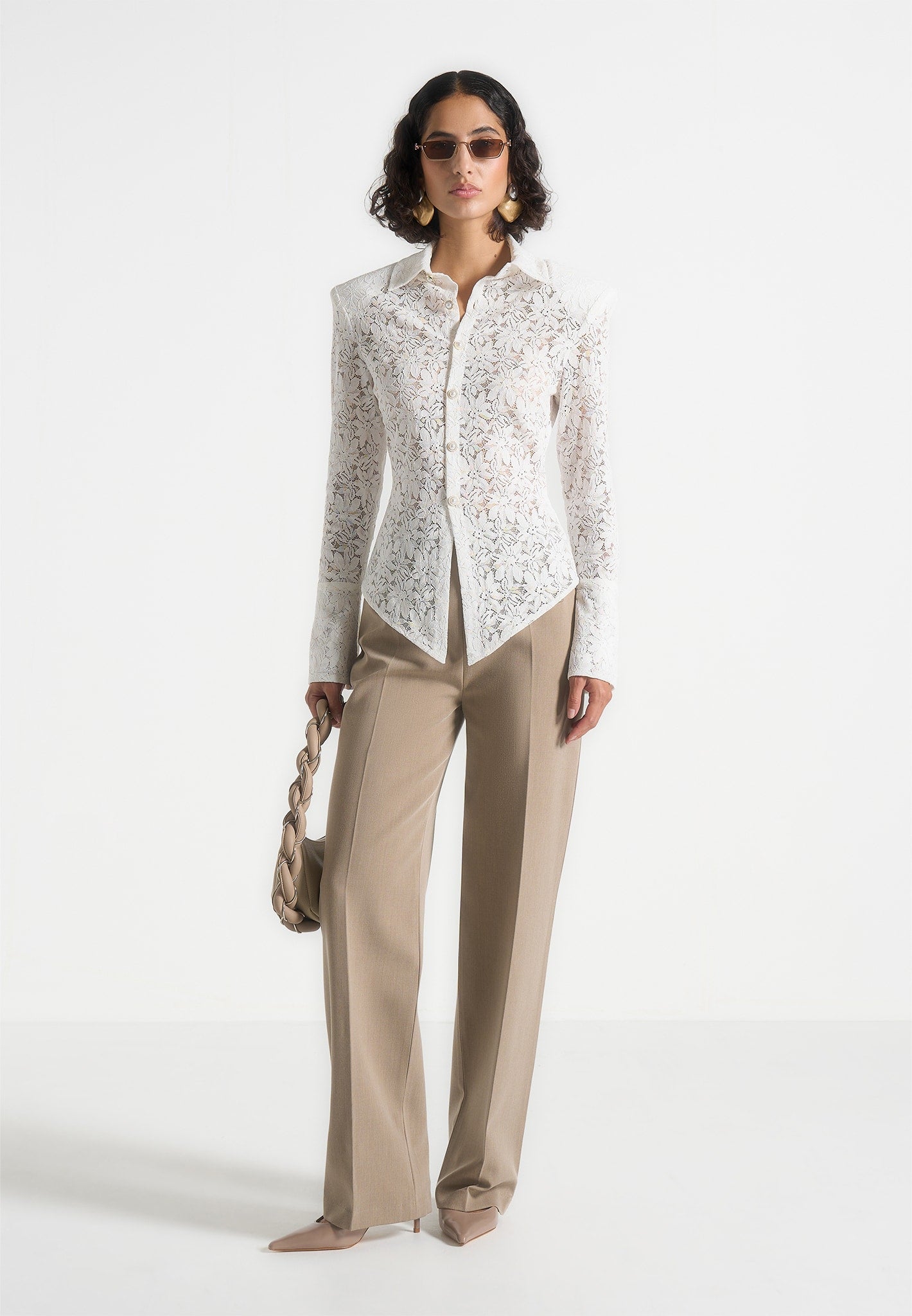 Sila -  Wide Shoulder Lace Angled Shirt - White 