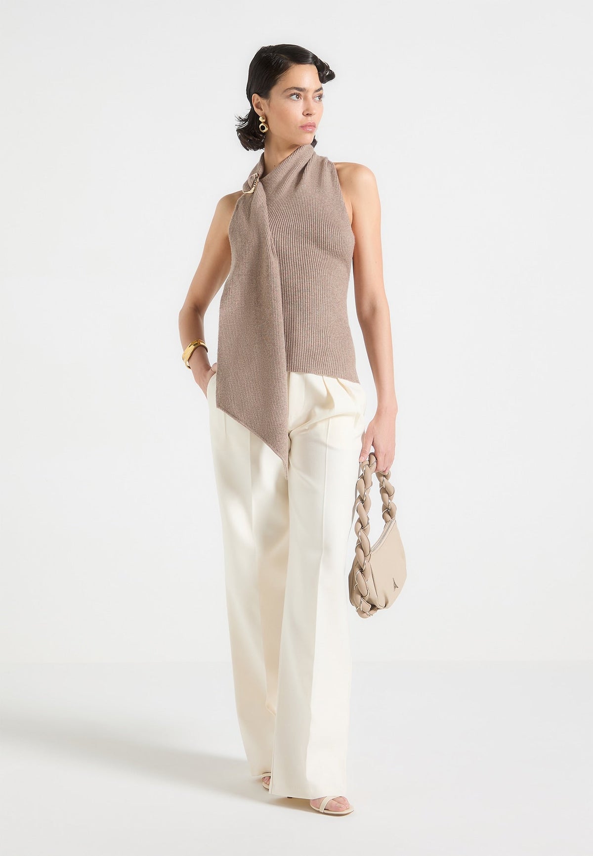 Elodie - Knitted Draped Halterneck Top - Taupe