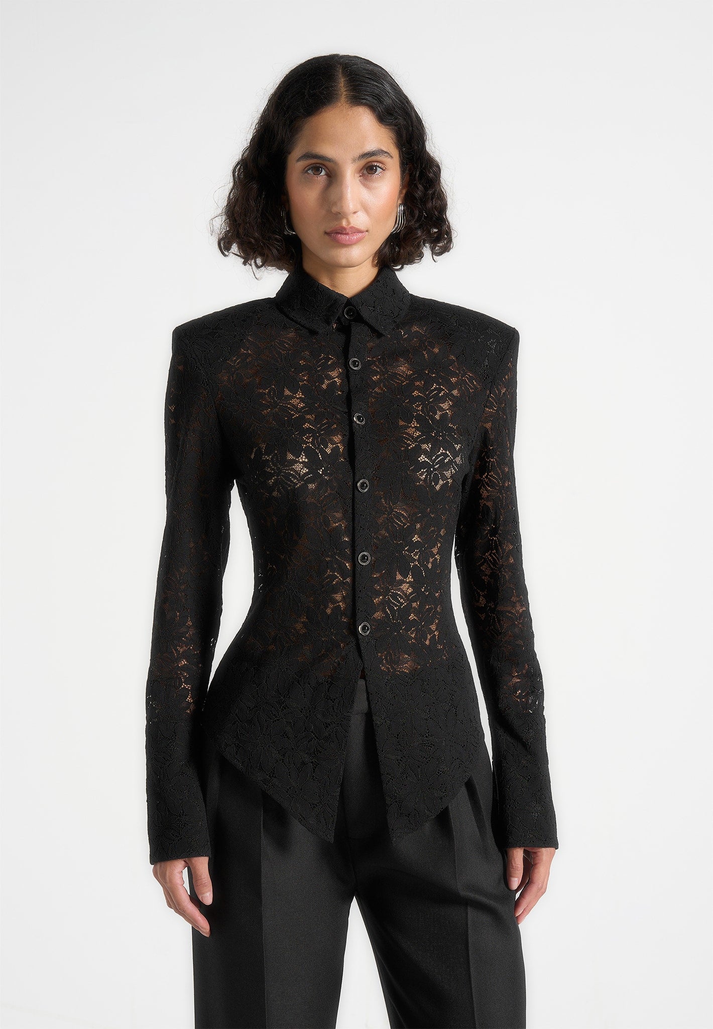 Sila - Wide Shoulder Lace Angled Shirt - Black 