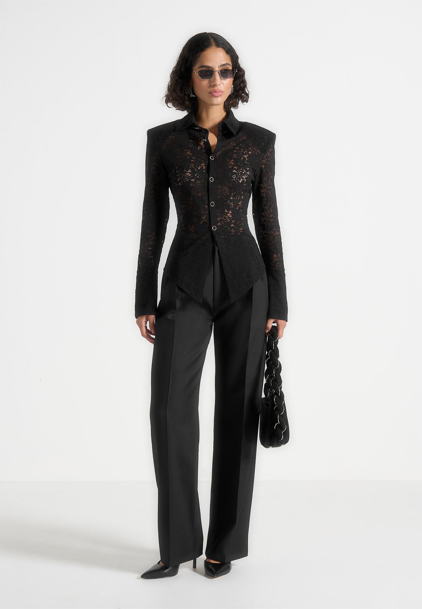 Sila - Wide Shoulder Lace Angled Shirt - Black 
