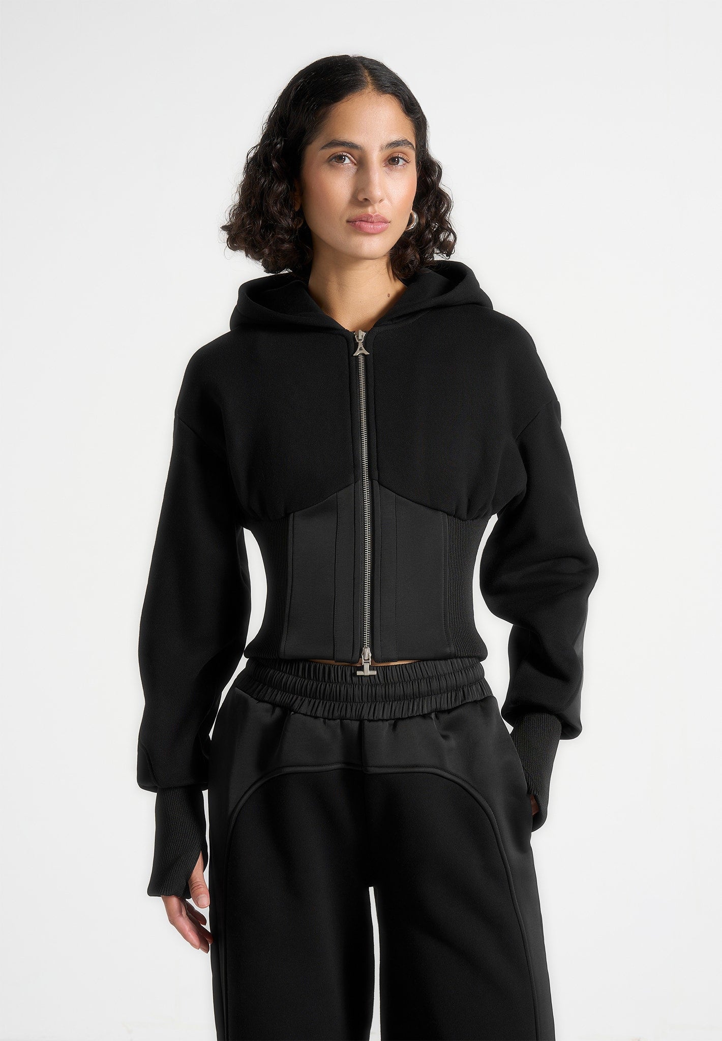 Brune - Corset Jersey And Satin Zip Hoodie - Black 