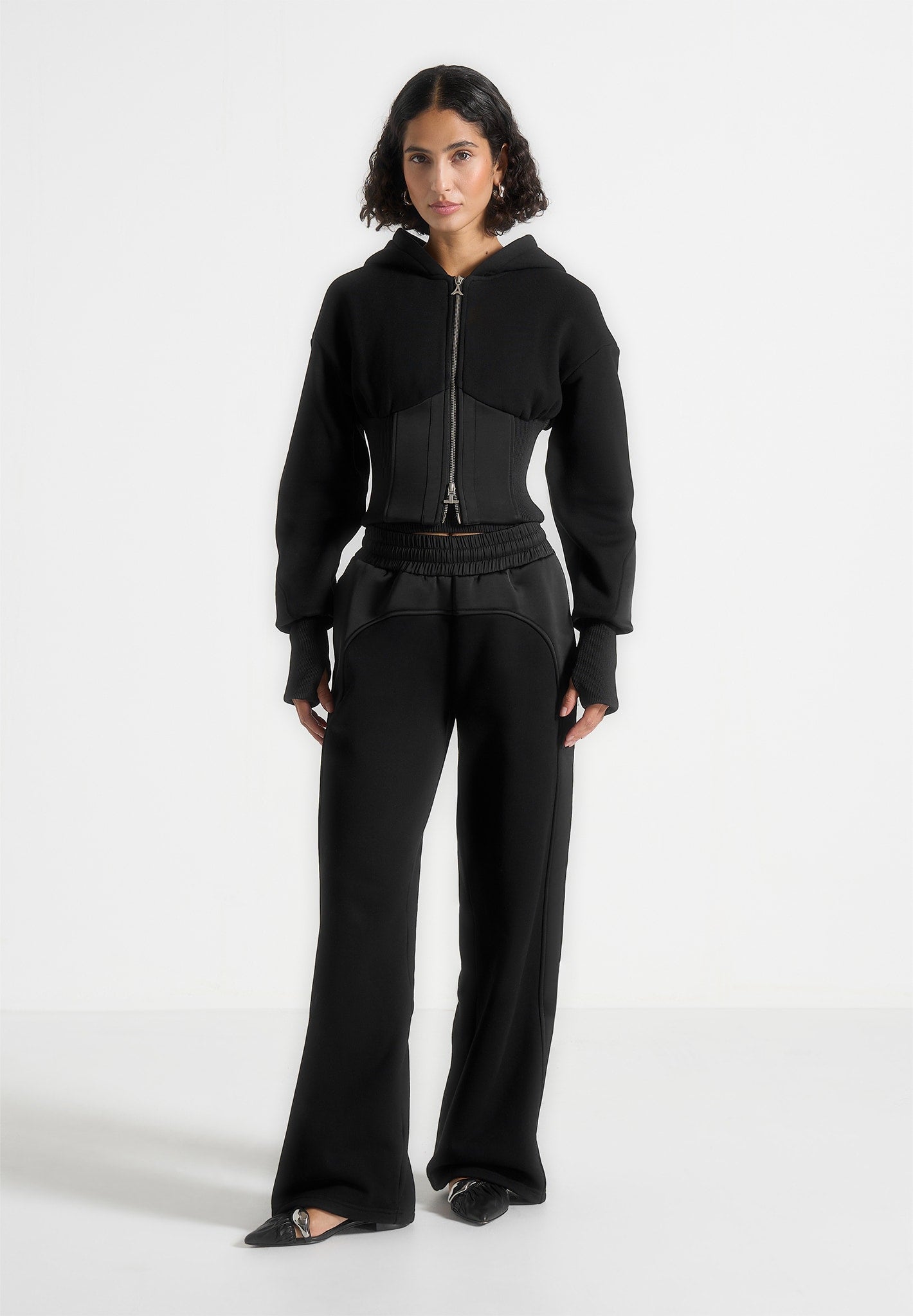 Brune - Corset Jersey And Satin Zip Hoodie - Black 