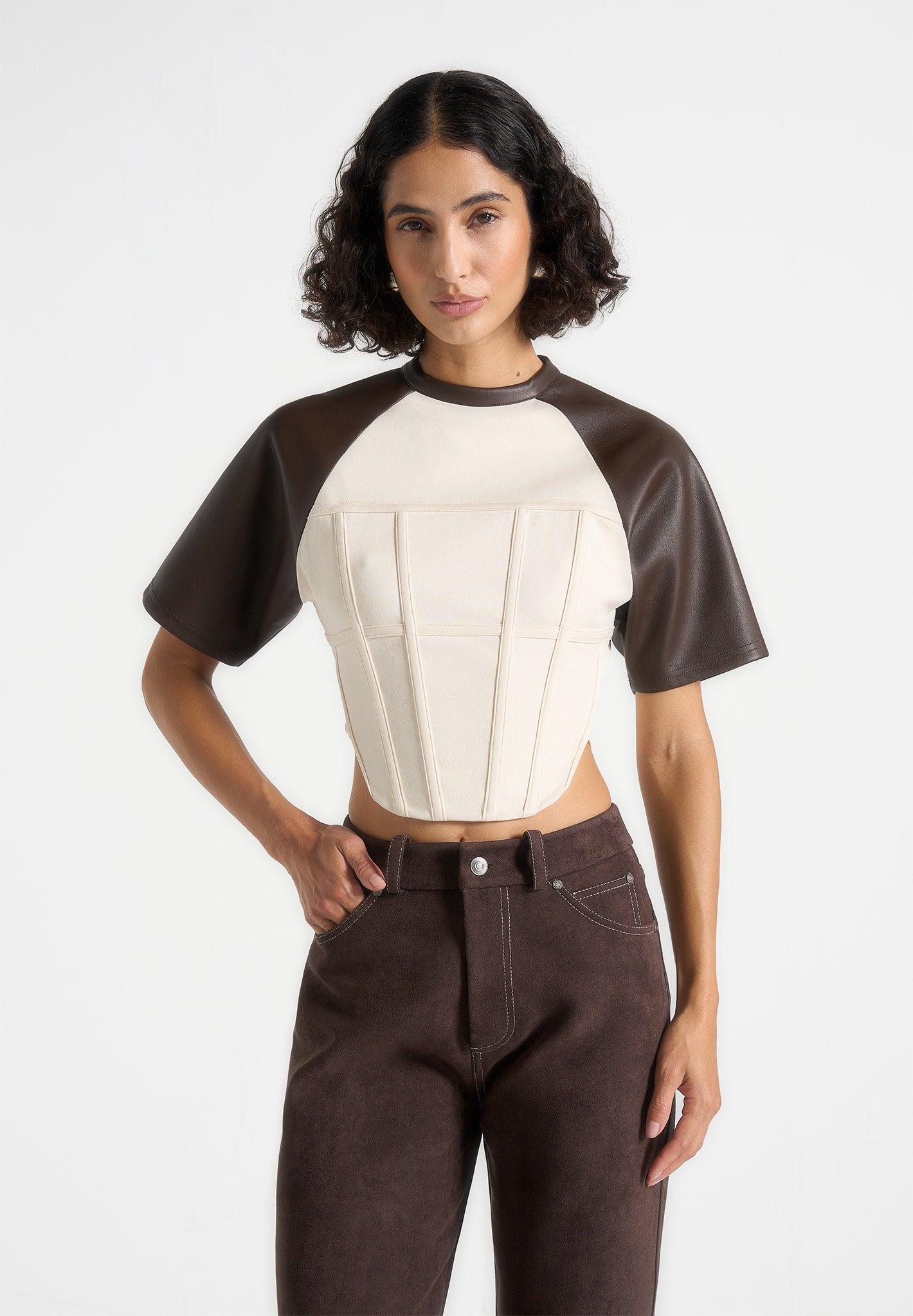 Juline - Leather Corset T-Shirt - Cream/Brown 