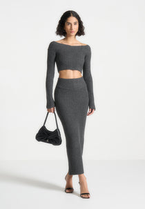 Angled Waist Knit Maxi Skirt - Grey Marl