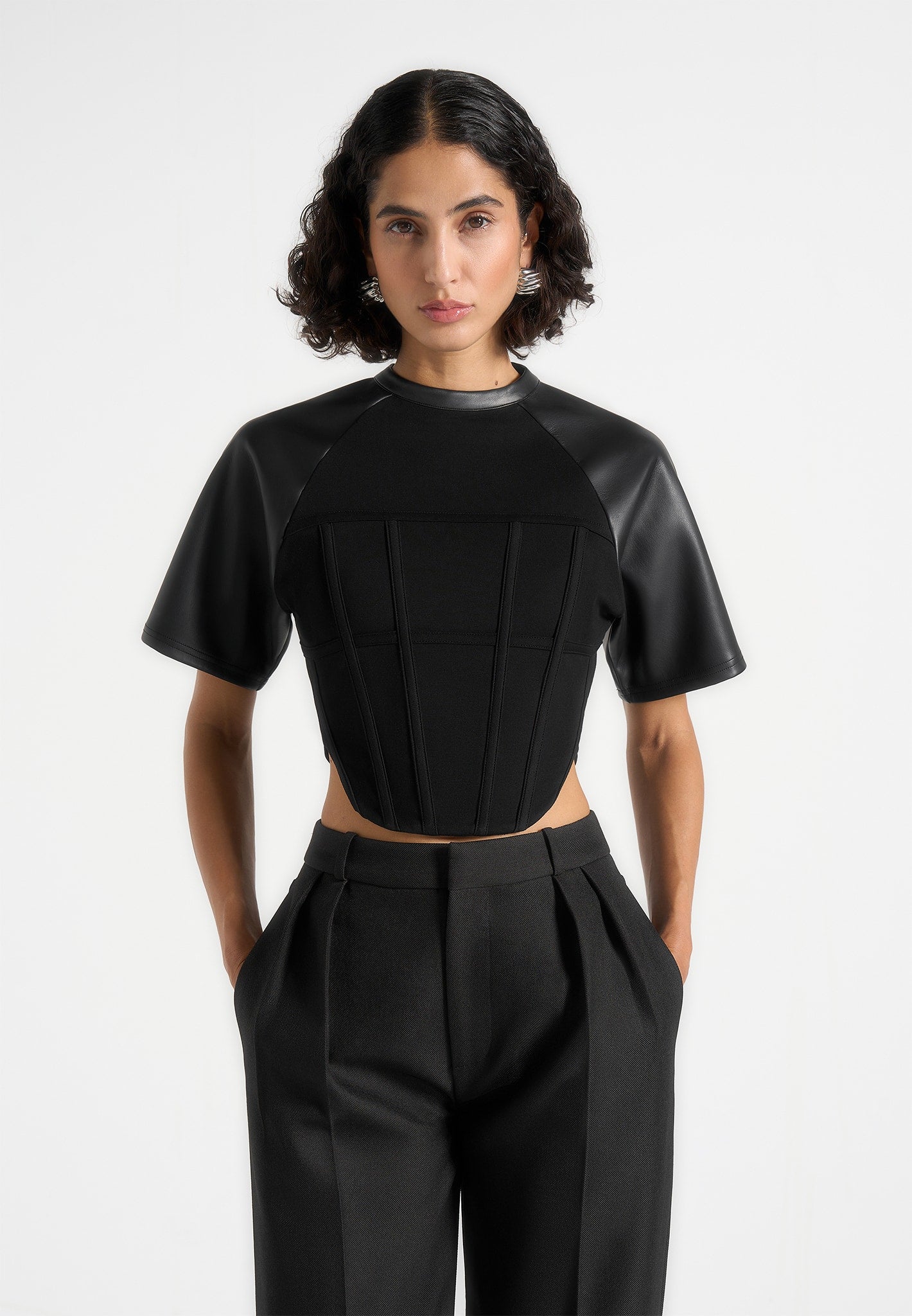 Juline - Leather Corset T-Shirt - Black 