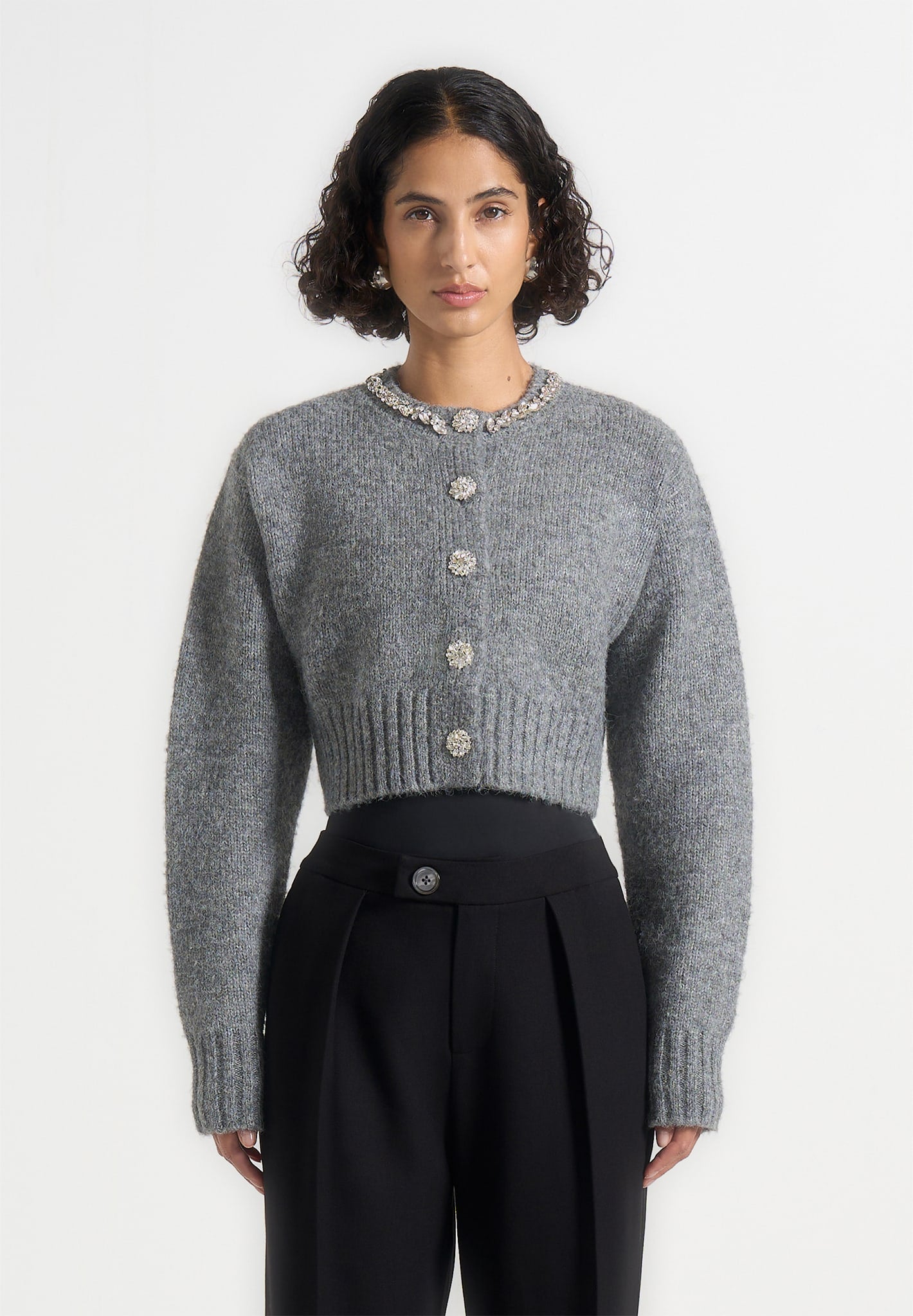 Caren - Embellished Brushed Wool Knit Cardigan - Grey 