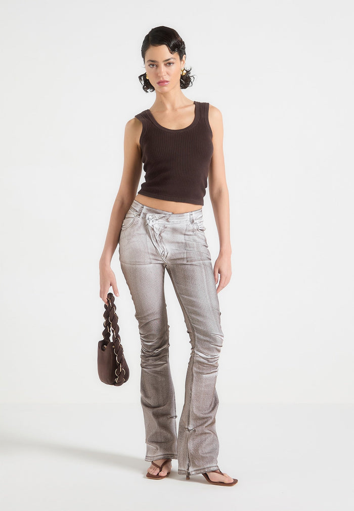 denim-effect-tacked-fit-and-flare-jeans-brown-white